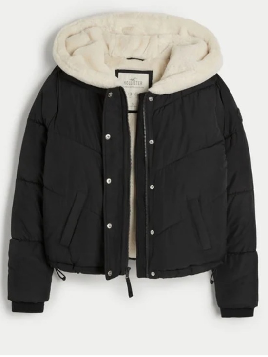 Hollister Jackets & Blazers - Hollister Ultimate Black Puffer Jacket Faux Fur Cream Sherpa Hood Coat Winter
